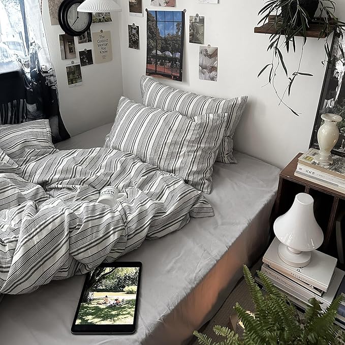 mixinni Vintage Gray & White Striped Duvet Cover Set - 3 Piece 100% Washed Cotton King Size Bedding | Minimalist Gender-Neutral Design | Ultra-Soft Breathable, with Zipper Closure & Corner Ties