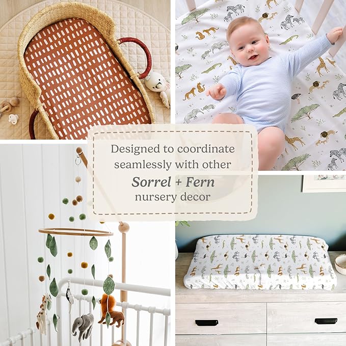 Pack and Play Sheets Fitted, Mini Crib Sheets for Graco Pack N Play Playard (38x26), Ultra Soft Organic Cotton Blend, Safe & Snug Playpen Mattress Sheet for Baby Boys & Girls, Safari Adventure, 2-Pack