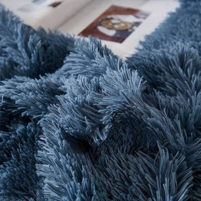 Uhamho Faux Fur Velvet Fluffy Bedding Duvet Cover Set Down Comforter Quilt Cover with Pillow Shams, Ultra Soft Warm and Luxury (King, Dusty Blue)