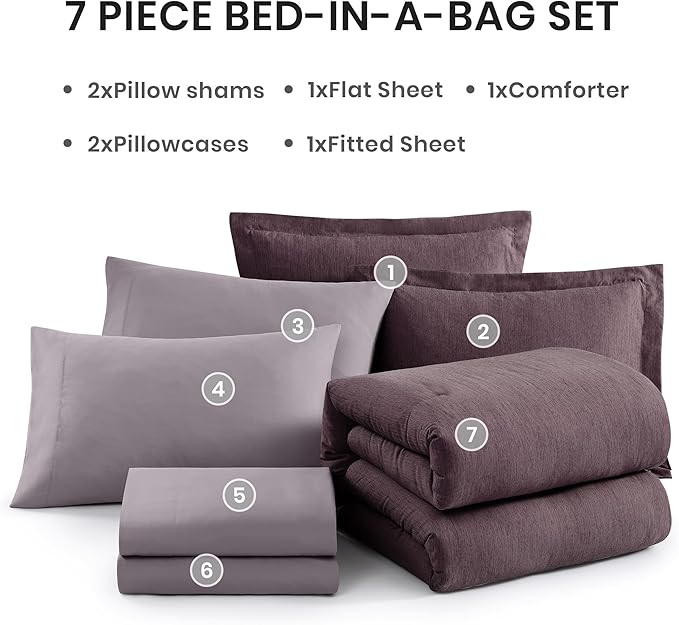 Monbix Super King Plus Size Comforter Set, Italian Plum Bedding Set Reversible, Comforter Set 7 Pieces, Cationic Dyeing Bed in a Bag with Comforter, Sheets, Pillowcases & Shams