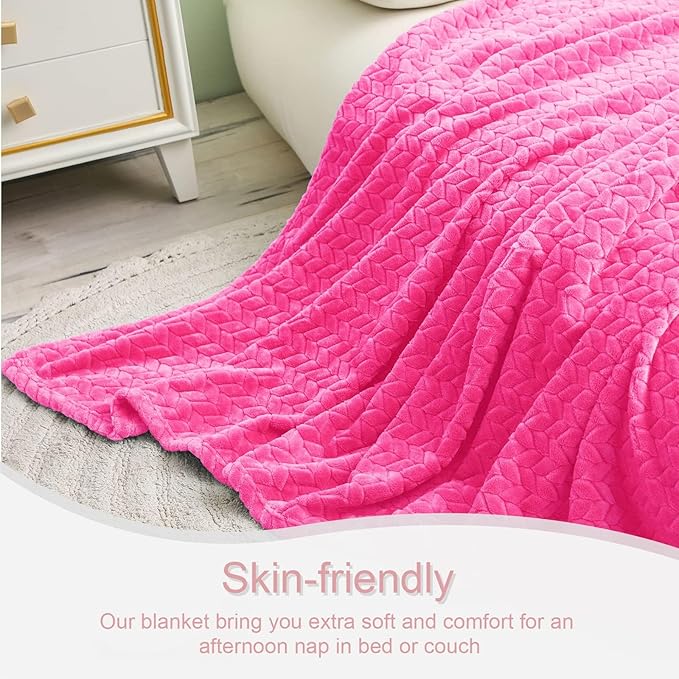Exclusivo Mezcla Fleece Throw Blanket for Couch and Bed, 50x70 Inches Soft Cozy Jacquard Flannel Blankets, Lightweight Fuzzy Plush Warm Throws for Women, Hot Pink