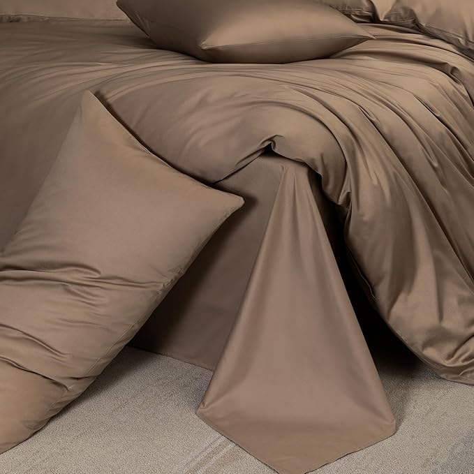 MooMee Duvet Cover Set 100% Extra Long Staple Cotton 600 Thread Count Silky Sateen Smooth Luxury Soft Breathable Durable Hotel Quality Bedding, 3 Pieces (Brown, Full 80"x90")