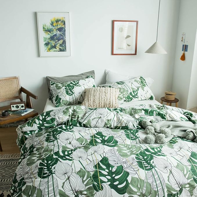 YuHeGuoJi Green Botanical Duvet Cover King 100% Cotton 3 Pcs Set 1 Tropical Monstera Duvet Cover with Zipper Ties 2 Pillowcases Coastal Hawaiian Plant Leaves Bedding Set Soft