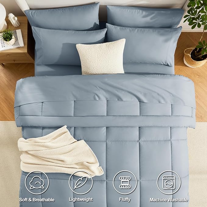 CozyLux Oversized Queen Comforter Sets Dusty Blue, 7 Pieces Bed in a Bag, Ultra-Soft All Season Bedding Sets with Stitch Quilted Comforter, Flat Sheet, Fitted Sheet, Pillowcases, Grayish Blue