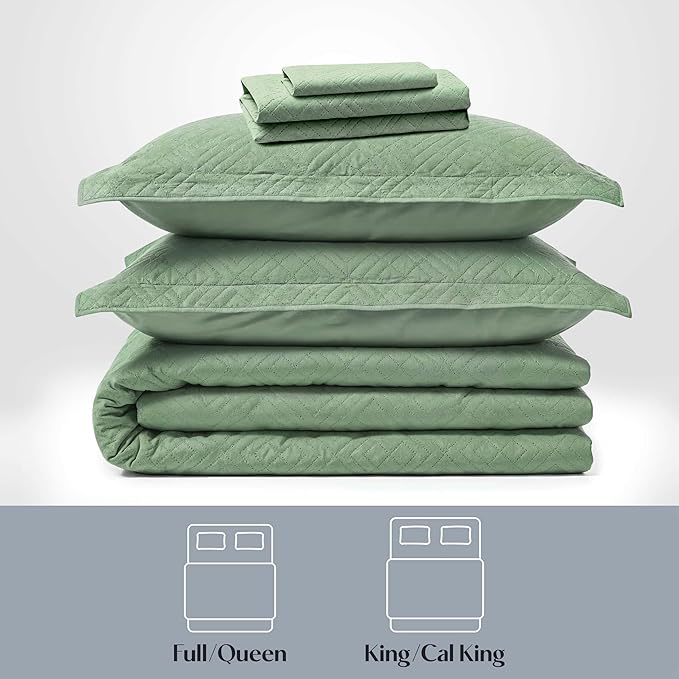 Hearth & Harbor King Quilt Set – All-Season Lightweight Bedspread & Coverlet with Pinsonic Weave - 7 Piece King Quilt Set with Pillow Shams, Sage Green - King Diamond