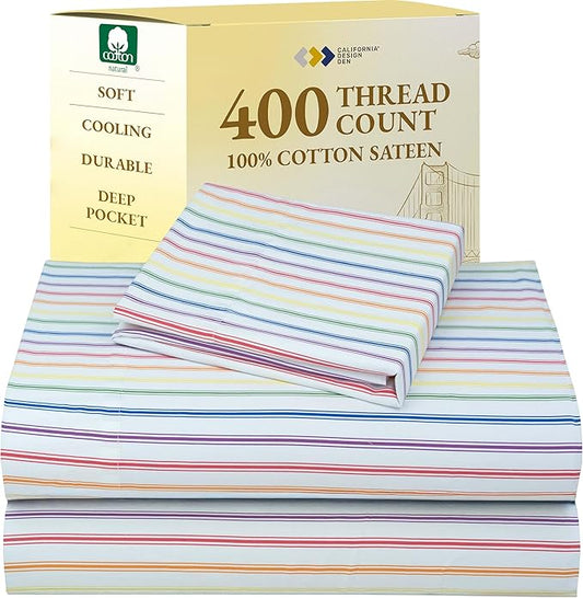California Design Den Printed Twin XL Sheet Sets - 400 Thread Count Sateen, Natural 100% Cotton Sheets, Deep Pockets, and Durable Bedding Set - Rainbow Striped