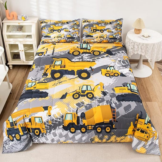 Feelyou Kids Construction Comforter Set Queen Size Bedding Sets for Boys Toddler Children Cartoon Excavator Tractor Comforter Set Construction Machinery Truck Duvet Set Baby Boys Vehicles Cars Bed Set