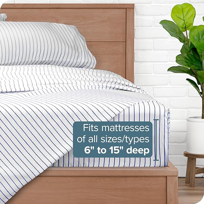 Bare Home Split King Sheet Set - 1800 Ultra-Soft Microfiber Split King Bed Sheets - Double Brushed - Deep Pockets - Easy Fit - 5 Piece Set - Bed Sheets (Split King, Pinstripe - White/Midnight)