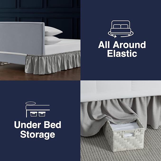 Casual Living Bed Skirt Wrap Around Ruffled Style Box Spring Cover Bed Skirts for Bedroom Decor Machine Washable Premium Bedding 15-Inch Drop Elastic Dust Ruffle, King/California King, Grey