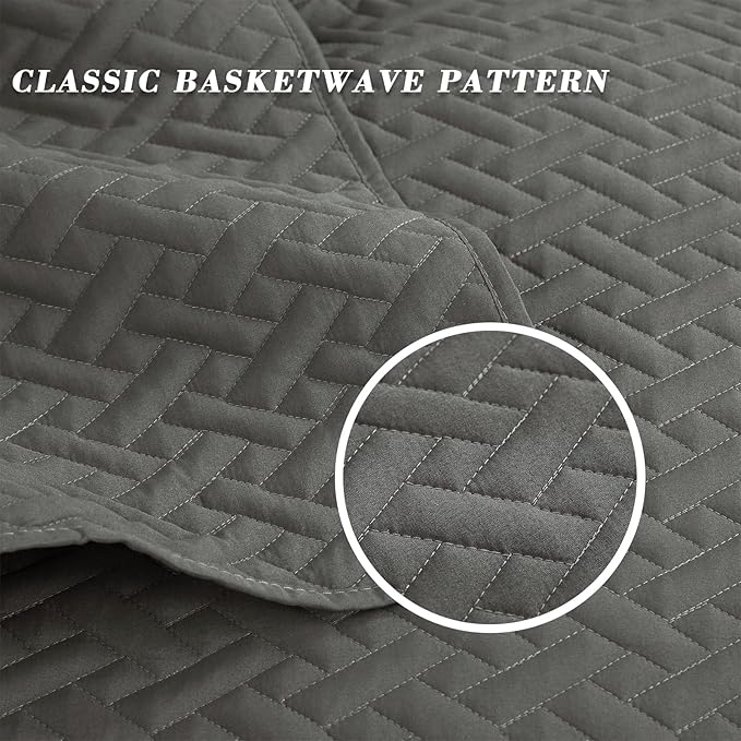 Exclusivo Mezcla Full Queen Size Quilt Bedspreads with Basket Weave Pattern, Soft Lightweight Summer Quilts Bedding Set Coverlets Bed Cover for All Seasons, Dark Grey