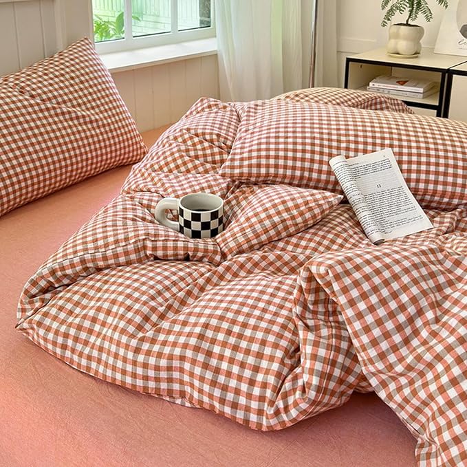 LifeTB Gingham Comforter Set Full Modern Style Red Orange Grid Plaid Comforter Soft Fluffy 3 Pieces Checkered Pattern Comforter Set Farmhouse Orange Gingham Bedding Comforter with 2 Pillowcases