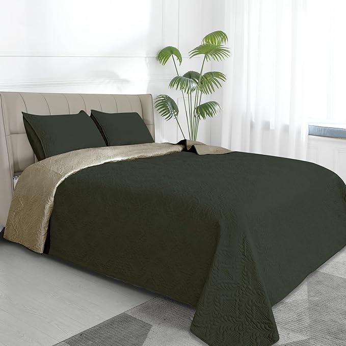 Easy-Going Full/Queen Size Reversible Quilt Set with 1 Quilt and 2 Pillow Shams, Soft Bed Quilt Cover, Water Resistant Lightweight Microfiber Bedspread, Stain Resistant, Olive Leaf-Army Green/Beige