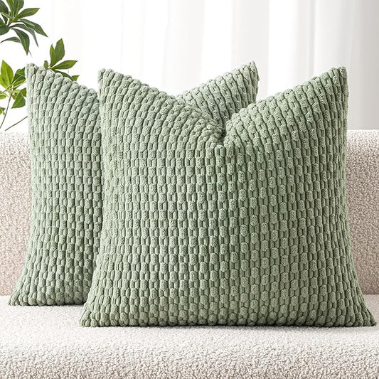 MIULEE Pack of 2 Decorative Throw Pillow Covers 20x20 Inch Soft Boho Striped Textured Corduroy Pillow Covers Spring Modern Farmhouse Home Decor for Couch Bed Sofa Living Room Sage Green