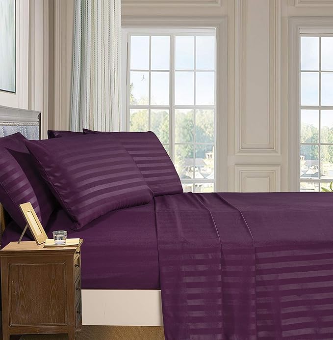Elegant Comfort Best, Softest, Coziest 6-Piece Sheet Sets! - 1500 Premier Hotel Quality Luxurious Wrinkle Resistant 6-Piece Damask Stripe Bed Sheet Set, Queen Eggplant/Purple