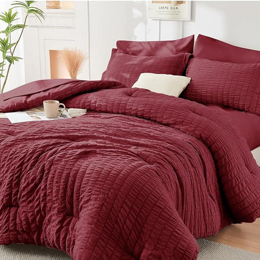 HYMOKEGE Burgundy Twin Comforter Set Seersucker 5 Pieces, All Season Luxury Bed in a Bag for Bedroom, Bedding Set with Comforters, Sheets, Pillowcase & Sham