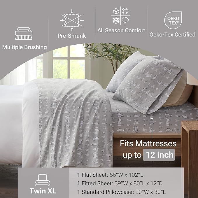 True North by Sleep Philosophy Cozy Flannel Warm 100% Cotton Sheet - Novelty Print Animals Stars Cute Ultra Soft Cold Weather Bedding Set, Twin XL, Bear 3 Piece