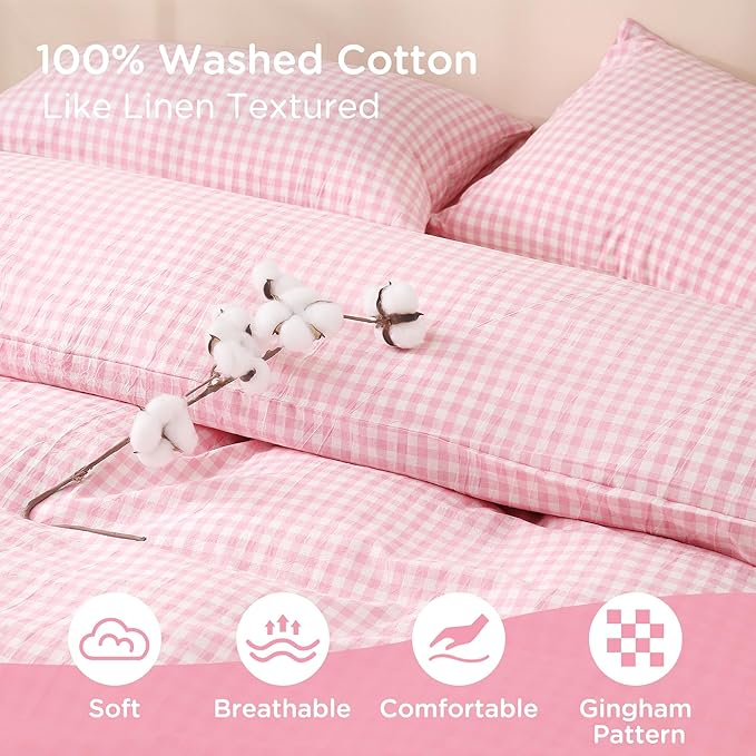 TOCOMOA Pink Gingham Duvet Cover Bedding Set 100% Washed Cotton Like Linen Feel Super Soft Comfortable 3 Piece Cute Plaid Checkered Comforter Cover Set (Queen 90"x90", Comforter Not Included)