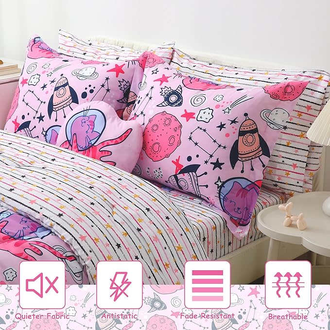 Mooreeke Kids Twin Comforter Sets for Girls 6 Pieces Cute Space Cat Bedding Set for Teens Microfiber Pink Kids Bed in A Bag with Comforter, Sheet Set, Shams and Decorative Toy Pillow All Season