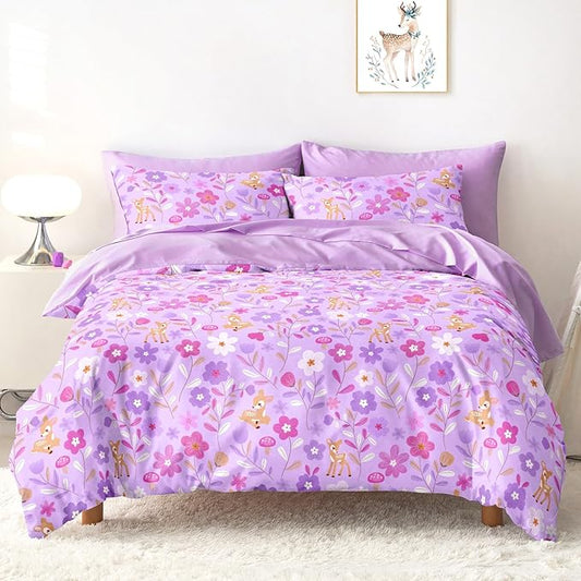 Wake In Cloud - Floral Bedding Set for Girls, Cute Colorful Botanical Flowers Deers Patterned Soft Lightweight Comforter Set with Sheets, 5 Pieces Kids Bed in a Bag, Lavender, Twin Size