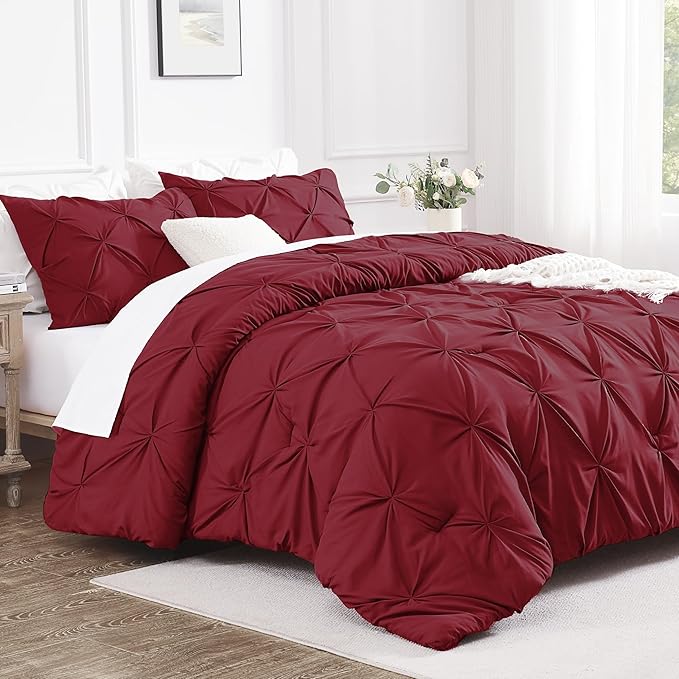 Andency Burgundy Comforter Set Twin(66x90Inch), 2 Pieces(1 Pinch Pleat Comforter and 1 Pillowcase) Pintuck Comforter Set, Soft Lightweight Microfiber Down Alternative Bedding Comforter Set