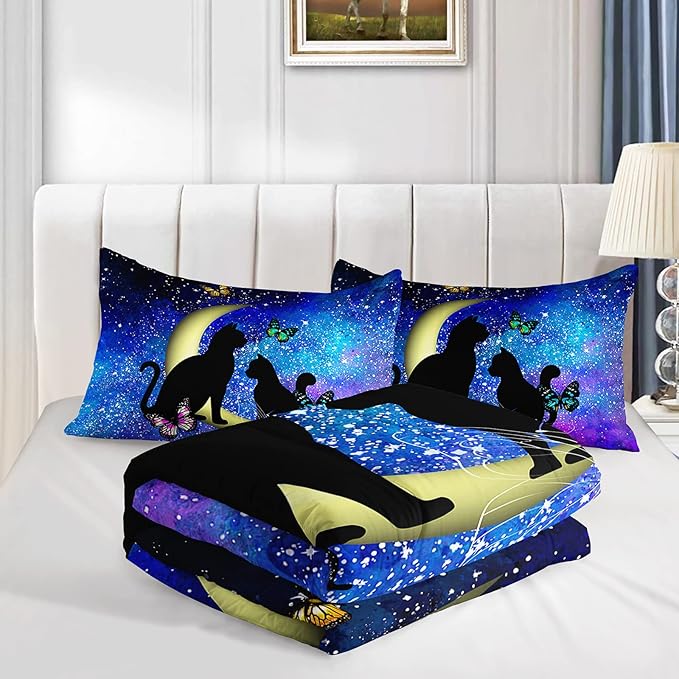 Black Cat Bedding Cartoon Cat Comforter Set Twin,Butterflies Moon Printed Kids Bedding Set for Kids Boys Girls Adults Teens,Kids Comforter Set All Season,1 Quilt 2 Pillow Cases,Blue