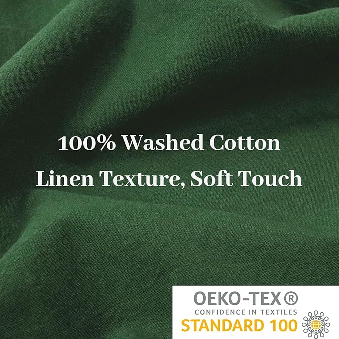 NEXHOME PRO Duvet Cover Set 100% Washed Cotton, Natural Linen Feel 3 Pieces Bedding Set with Zipper Closure & Corner Ties, Breathable Oversized King Forest Green (No Comforter)