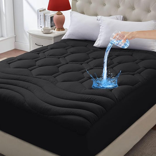 Queen Size Mattress Pad Waterproof, Pillow Top Cooling Mattress Topper Cover, Quilted Fitted Mattress Protector Washable, Deep Pocket 8-21" (60x80 inch, Black)