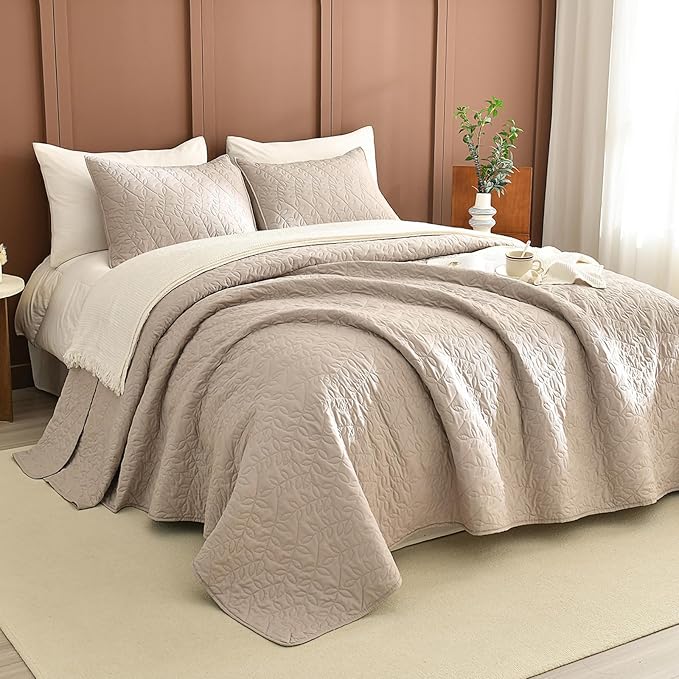 Lady Ann Queen Bedspreads 102x118 Leaves Pattern Printed Bedspreads & Coverlets, 3 Pcs Linen Feel Queen Quilt Set Lightweight & Soft Farmhouse Bedding Sets