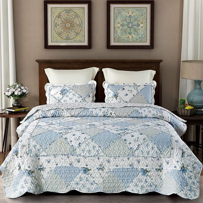 Oversized King Size Blue Floral Plaid Patchwork Quilt Set 128x120 Extra Wide Super King Size Rversible Quilted Bedspread Coverlet Set 3-Piece Comforter Bedding Set Bed Cover with 2 Pillow Shams | Oversized King Quilt, Blue Floral Quilt, Rversible Bedsp...