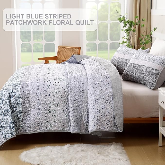 WONGS BEDDING Boho Quilt Set Queen Size,Grayish Blue Bohemian Striped Patchwork Bedspread Set,3 Pieces Microfiber Bedding Set for All Seasons (96"x90")