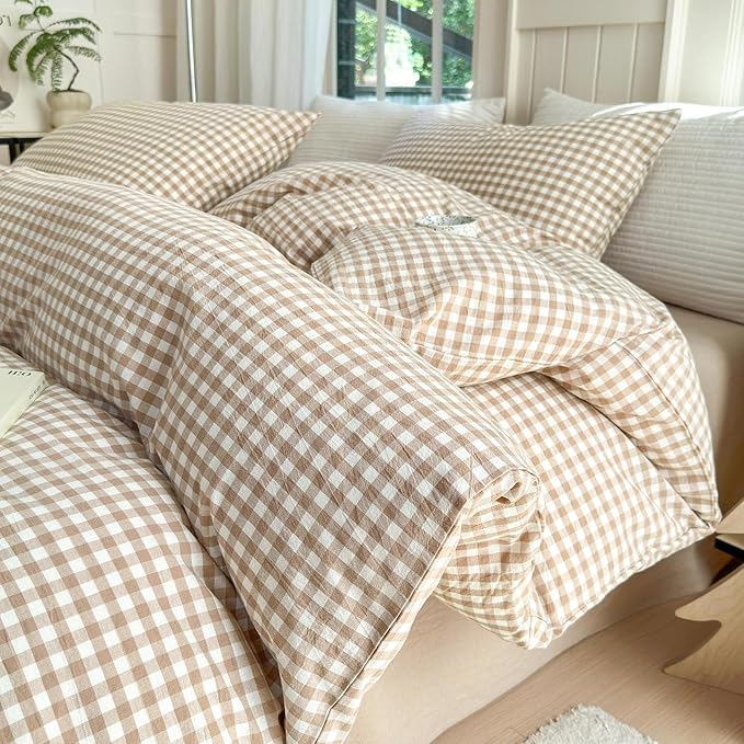LifeTB Tan Gingham Comforter Set Twin XL Modern Style Beige Plaid Comforter Set 3 Pieces Soft Fluffy Grid Checkered Pattern Comforter with 2 Pillowcases Farmhouse Gingham Bedding Set Twin XL