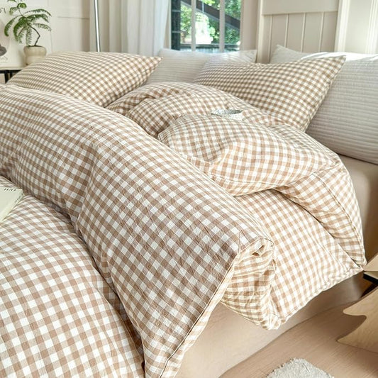 LifeTB Tan Gingham Comforter Set Twin XL Modern Style Beige Plaid Comforter Set 3 Pieces Soft Fluffy Grid Checkered Pattern Comforter with 2 Pillowcases Farmhouse Gingham Bedding Set Twin XL