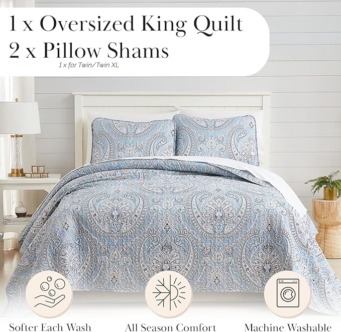 Southshore Fine Living, Inc. Oversized Quilt, King Size Bedding Set, Paisley Lightweight Bedspread Cal/King Quilt Coverlet & 2 Matching Quilted Pillow Shams, Pure Melody Aqua
