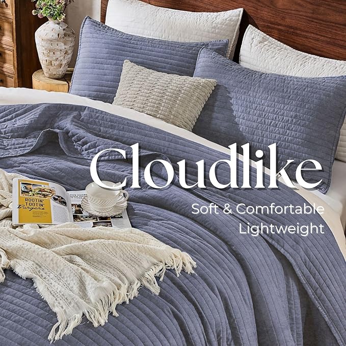 DOWN HOME Twin Quilt Bedding Set with Sham, Vintage Washed Soft Quilted Blanket Thin Comforter Lightweight Bedspread Coverlet Bed Cover, Brushed Microfiber Stripe Stitching, Vintage Denim, 66"x92"