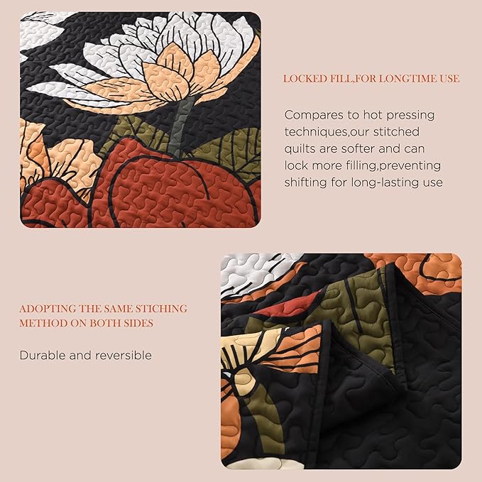 Andency Floral Boho California King Quilt Bedding Set Black, 3 Pieces Farmhouse Flower Botanical Summer Oversized King Bedspreads, Soft Reversible Lightweight Microfiber Coverlet Set, 104"x112"