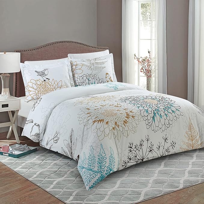 Style Quarters King 100% Cotton Percale Bird Style 3 Pieces Duvet Cover, King, White with 1 Duvet Cover and 2 Pillow Shams