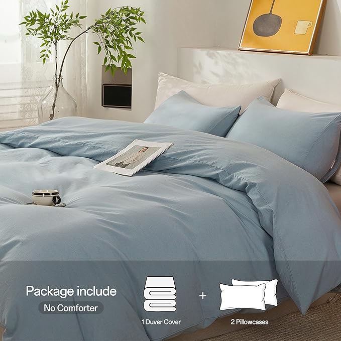ECOCOTT Haze Blue Duvet Cover Queen Size, 3 Piece 100% Washed Cotton 1 Duvet Cover with Zipper and 2 Pillowcases, Ultra Soft and Easy Care Breathable Cozy Bedding Set (Haze Blue,Queen)