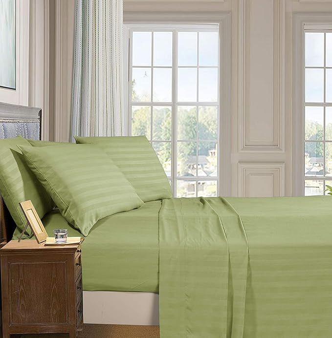 Elegant Comfort Softest and Coziest 4-Piece Sheet Set - 1500 Premium Hotel Quality Microfiber - Luxurious Wrinkle Resistant 4-Piece Damask Stripe Bed Sheet Set, Twin, Sage/Green
