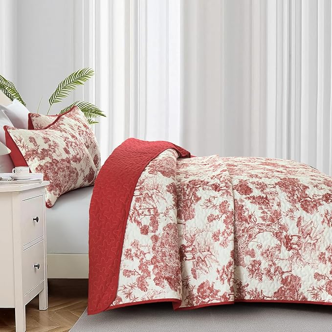 WONGS BEDDING Botanical Quilt Set Queen Size, Red 3 Pieces Floral Plants Printed Bedspread Bedding Set Christmas Soft Lightweight Microfiber Coverlet Set for All Season (96"x90")