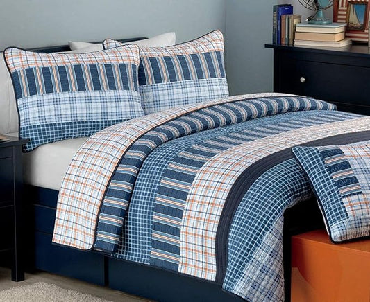Cozy Line Home Fashions Bennett Quilt Bedding Set, Navy Orange Grid Striped 100% Cotton Reversible Coverlet Bedspread (Navy Orange, Queen - 3 Piece)