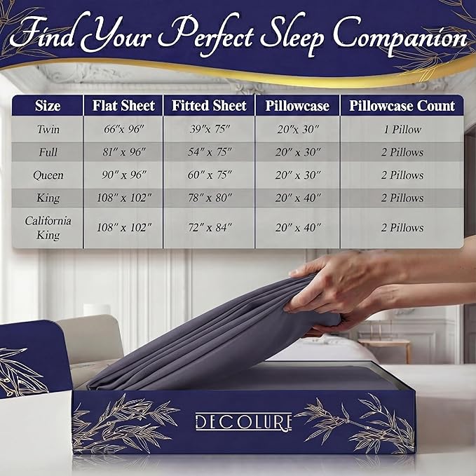DECOLURE 100% Viscose Derived from Bamboo Sheets King Size - Luxury 4 Pc Naturally Cooling Sheets, Ultra Soft Bed Set - Deep 17" Pockets, Durable Double Stitching, Oeko Tex Standard (Grey)