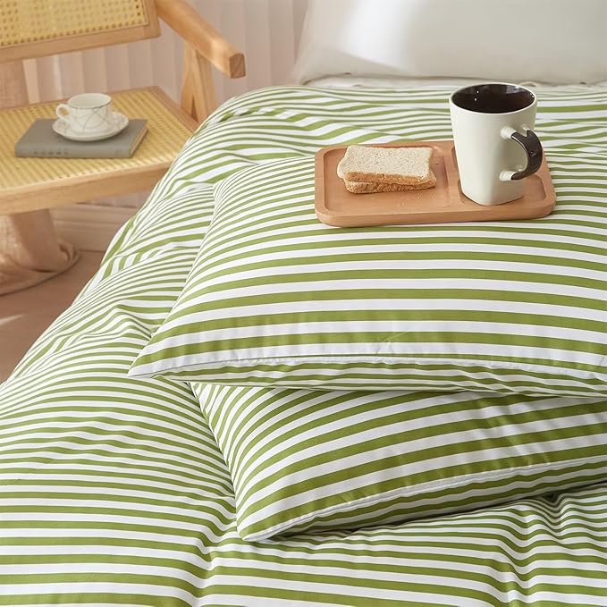 Full Comforter Set 3 Pieces Striped Comforter Set Green White Stripes Pattern Comforter with 2 Pillowcases Modern Style Lightweight Boho Bedding Comforter Geometric Striped Fluffy Comforter Set