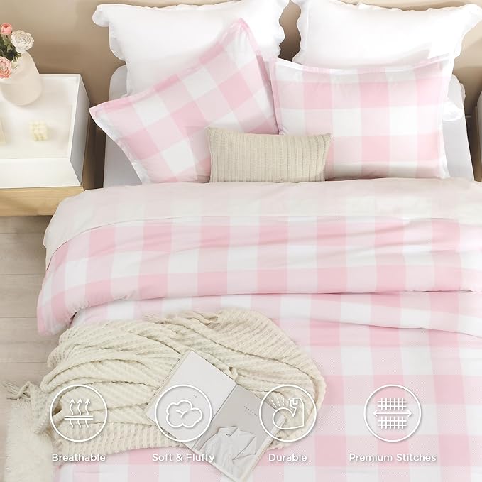 Andency Pink Checkered Comforter Full(79x90Inch), Plaid Gingham Buffalo Plaid Grid Bedding Sets for Girls Kids Women Kids Teens, 3 Pieces Lightweight Microfiber Geometric Preppy Bed Set