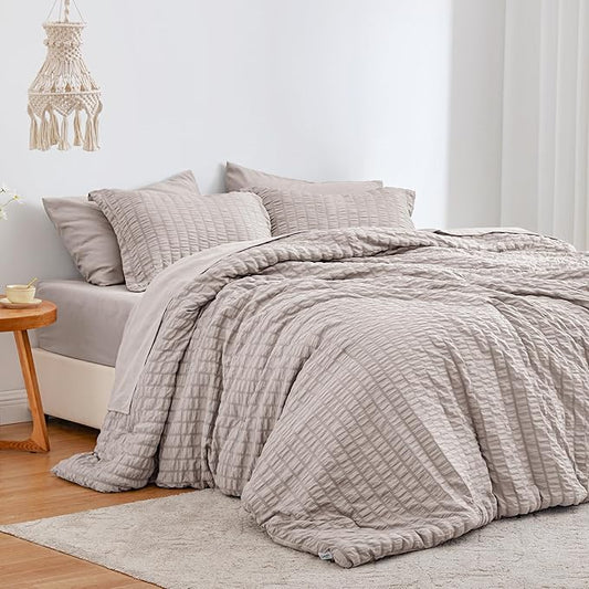 Love's cabin Seersucker Burlwood Twin XL Comforter Set, 5-Piece All Season Lightweight Bed in a Bag Bedding Set with Comforter, Flat Sheet, Fitted Sheet, Pillowcase and Sham | Soft, Breathable, Lightweight