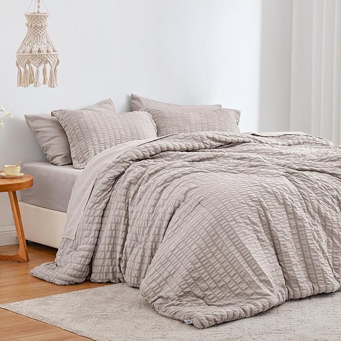 Love's cabin Seersucker Burlwood Twin Comforter Set, 5-Piece All Season Lightweight Bed in a Bag Bedding Set with Comforter, Flat Sheet, Fitted Sheet, Pillowcase and Sham | Soft, Breathable, Lightweight