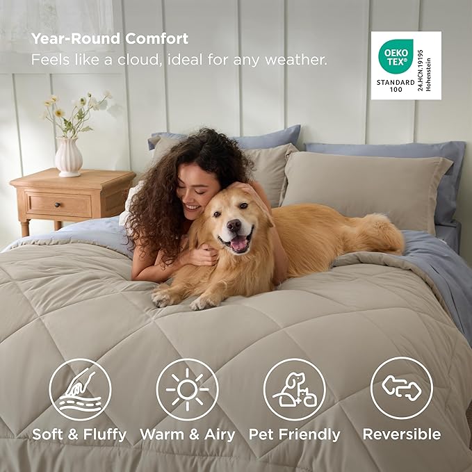 Bedsure Beige Full Comforter Set - 7 Pieces Reversible Bed Set Bed in a Bag Full with Comforters, Sheets, Pillowcases & Shams