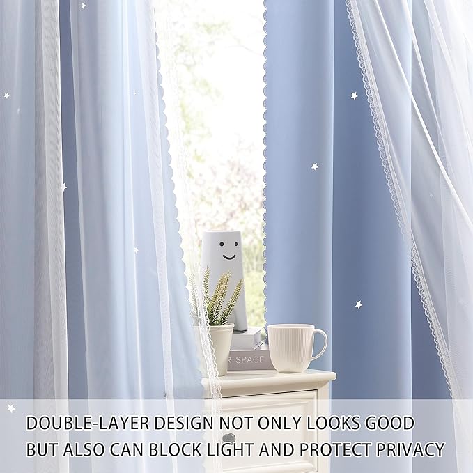 XiDi Sky Blue Blackout Curtains for Girls Bedroom Living Room 72 Inches Long 2 Panels Star Curtains Boys Kids Room Darkening Thermal Insulated Drapes Grommet Noise Reduction Window Treatments 52x72
