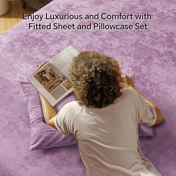 BEDELITE Velvet Fitted Sheet and Pillowcases Set, Luxury Soft Fuzzy Bottom Sheet with Reinforced Elastic Corner Straps, Deep Pocket up to 15 Inch, 1 Fitted Sheet and 2 Pillowcases (Cal King, Lavender)