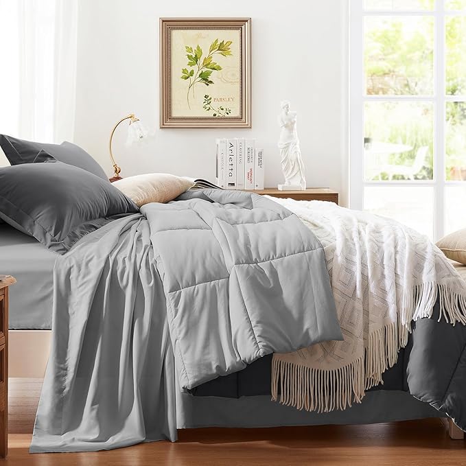 Anluoer King Size Bed in a Bag 7 Pieces, Grey Comforter Set with Sheets, All Season Bedding Sets with 1 Comforter, 2 Pillow Shams, 2 Pillowcases, 1 Flat Sheet, 1 Fitted Sheet