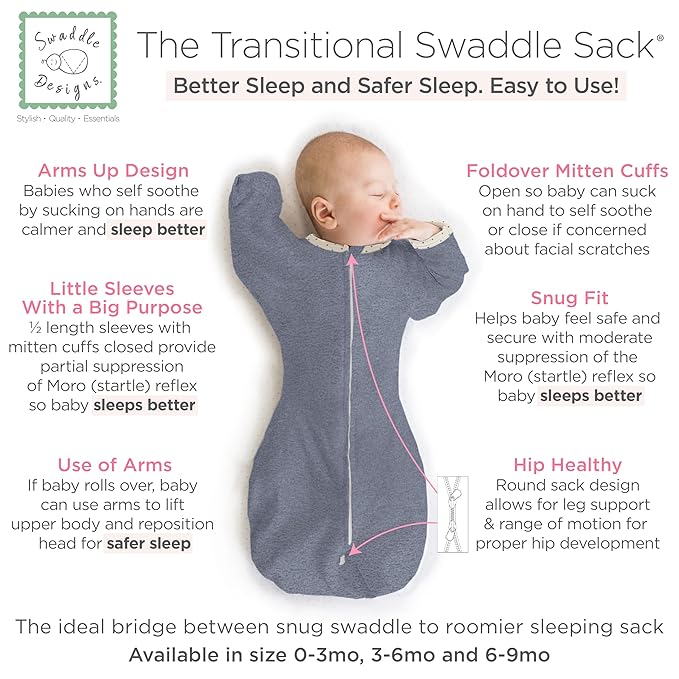 SwaddleDesigns Transitional Swaddle Sack, Arms Up Half-Length Sleeves & Mitten Cuffs, Swaddle for Newborn Transition to Baby Sleep Sack Wearable Blanket, Medium, 3-6 Month, 14-21 lb, Heathered Denim